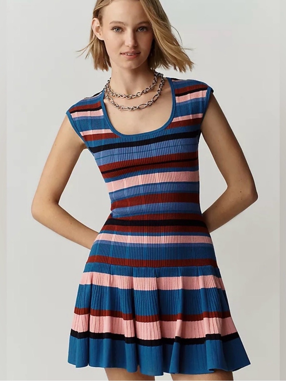 Anthropologie Maeve Striped Rib-Knit Mini Dress in Blue and Pink S
